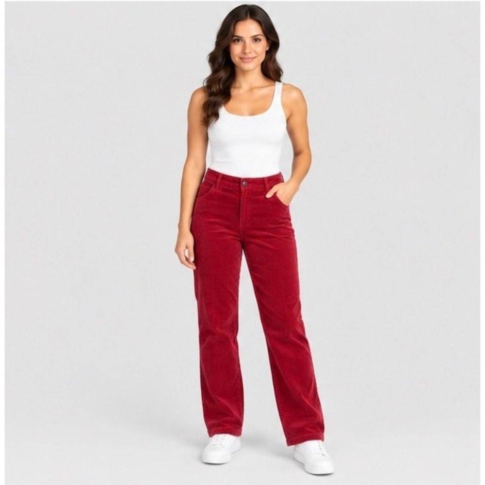 Anne Klein Womens 4 Red Corduroy Pants Straight Leg Mid Rise Office Siren Boho